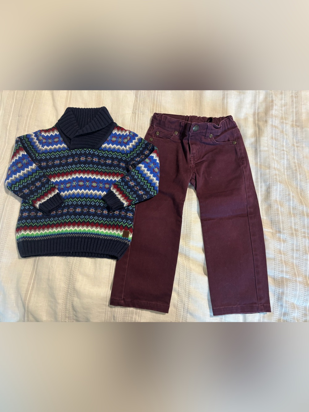 Boys Navy Fair Isle Shawl Collar Sweater with Burgundy Pants